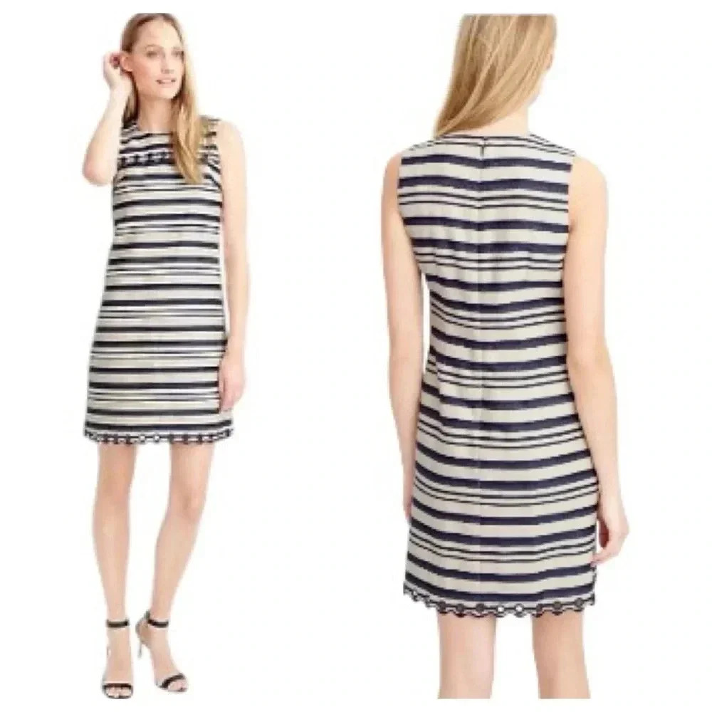 J CREW | Navy/Cream Scalloped Trim Striped Shift Dress with Grommets Size 6